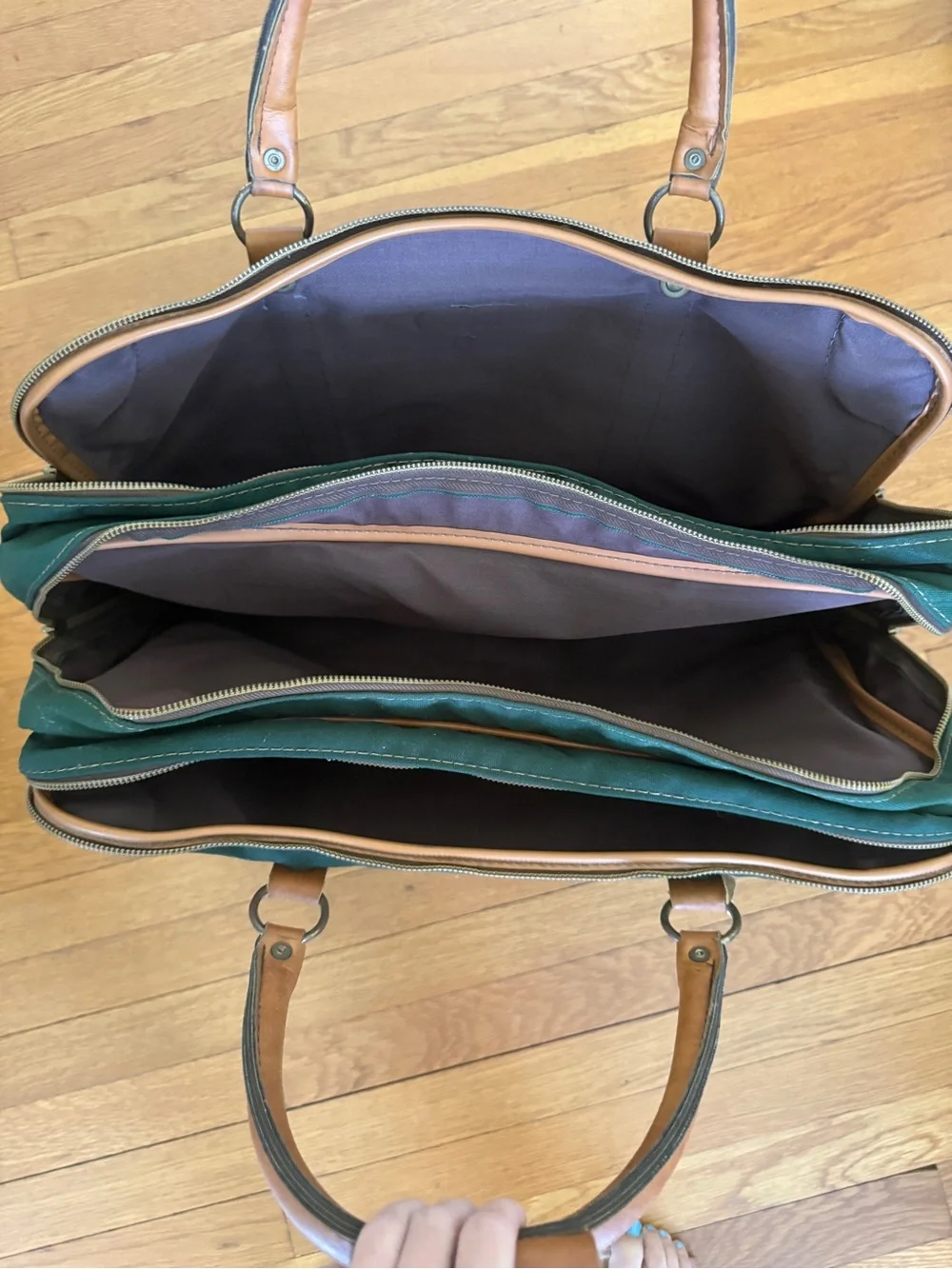 L.L. Bean Green Canvas Travel Briefcase with Tan Leather Trim